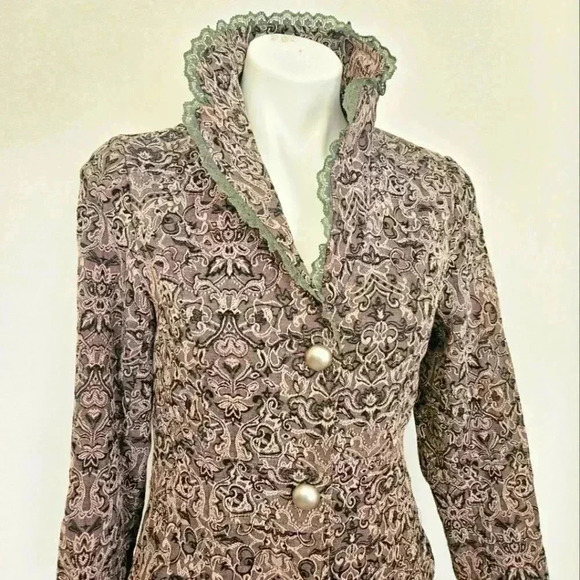 Papillon Los Angeles Tapestry Embroidered Ruffled Lace Green Brown Jacket Size M - Picture 2 of 13